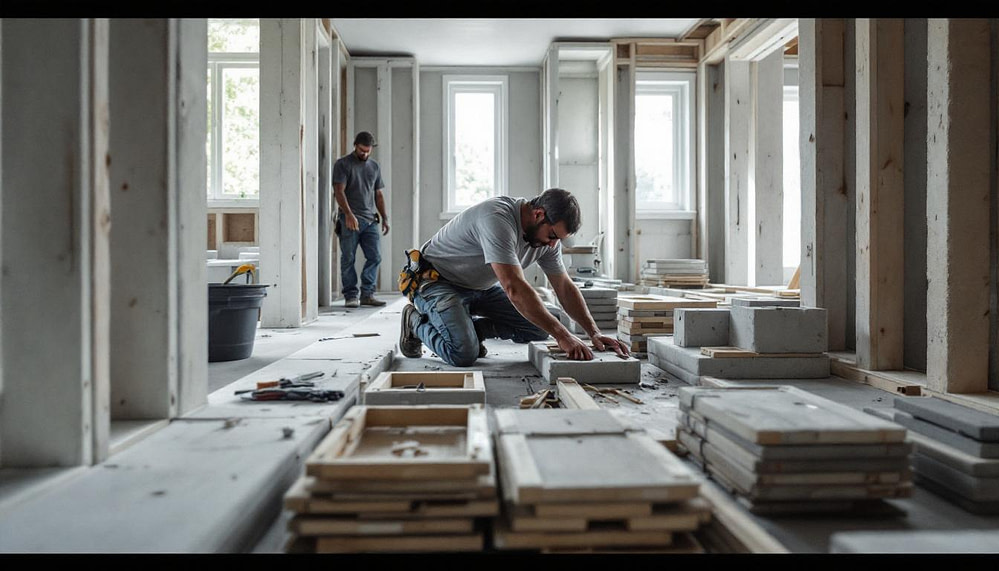 Authentic Construction - Workers laying down ICF Picture of ICF construction workers working with insulated concrete forms in Ontario