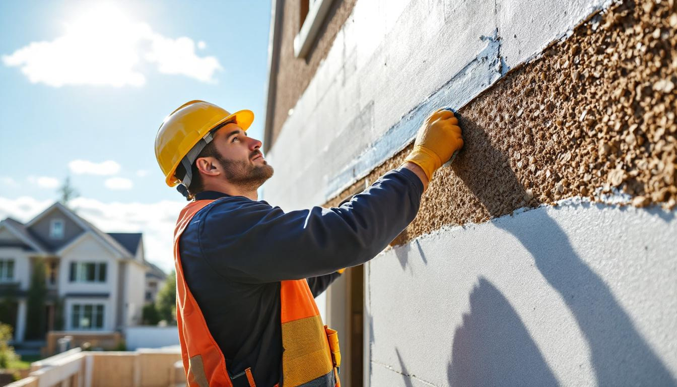Authentic Construction worker doing waterproofing